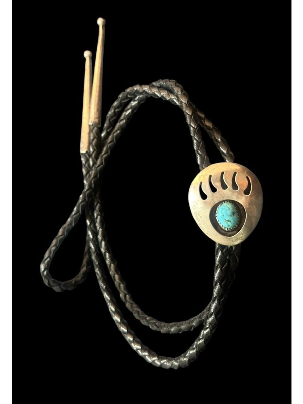 Vintage Navajo Bear Paw Bolo Tie Sterling Silver Sleeping Beauty Turquoise